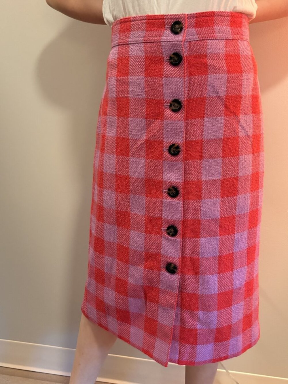 Ann Taylor Size 14 Women's Pink & Lavender Gingham Check Button Front A-Line Pen